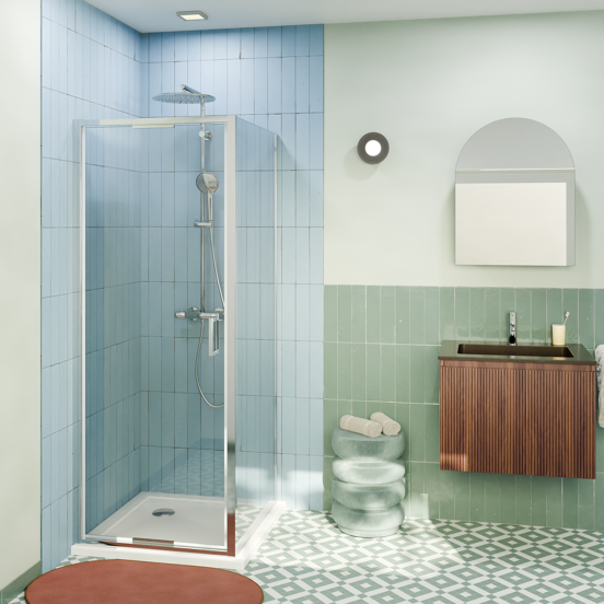 Luca Varess Vidor In Eckdusche: Drehtür und fixierte, Seitenwand, 80 x 80 cm, Klarglas, Chrom Profil, glänzend
