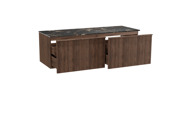 Balmani Forma hängendes Möbelstück Set: 150 x 55 cm, Amerikanischer Nussbaum, mit Stretto Einzel- oder Doppel Waschtischplatte, Marmor, Portoro Gold, Vertikale symmetrische gerade Rippe