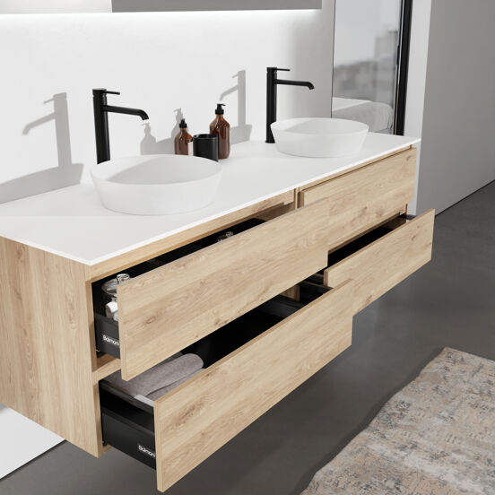 Balmani Lucida zwevend badkamermeubel 180 x 55 cm ruwe eik met Stretto enkel of dubbel tablet in solid surface mat wit
