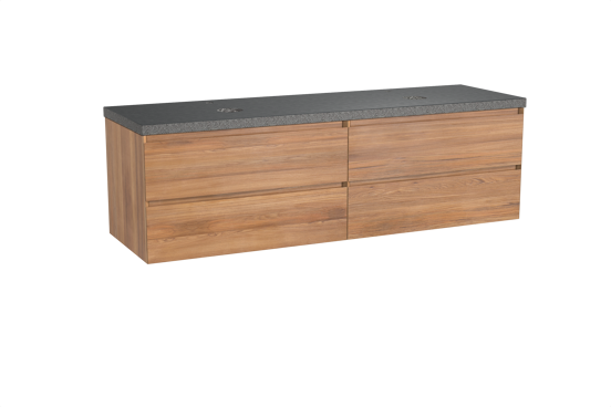 Balmani Mitra hängendes Möbelstück Set: 180 x 55 cm, Teak, mit Rock Doppel Waschtischplatte, Schwarzes Granit