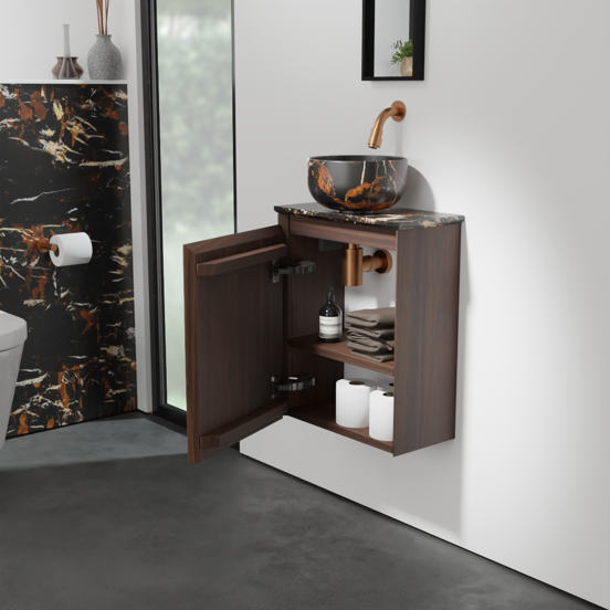 Balmani Mitra zwevend toiletmeubel 42 x 21 cm amerikaans notenhout met Facetta wastafelblad en Bowl waskom in Portoro Gold marmer