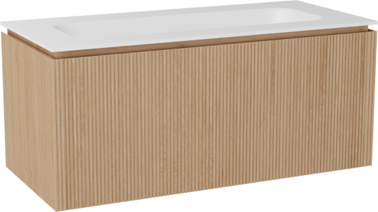 Balmani Eclips hängendes Möbelstück Set: 120 x 55 cm, Eiche Natur, mit Tablo Arcato Einzelwaschtisch mit 2 Bohrungen Solid Surface Weiβ matt, Vertikale symmetrische gerade Rippe