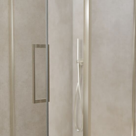 Balmani Senses Design douchehoek met linkse draaideur en vaste zijwand, 90 x 90 cm, Helder glas, Brushed CoolMetal profielen, met coating