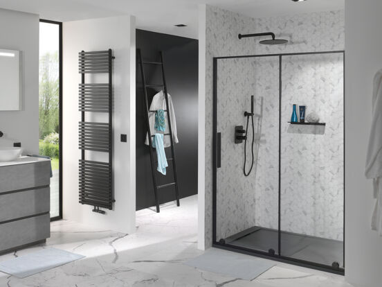 Luca Varess Morano douche schuifdeur 140 x 190 cm helder glas mat zwart profiel