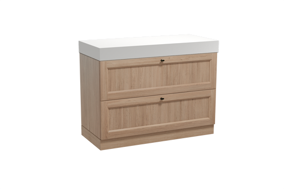 Balmani Lemon freistehendes Möbelstück Set: 120 x 55 cm, Verwitterte Eiche, mit Dominus Einzel- oder Doppel Waschtischplatte, Solid Surface Weiß matt