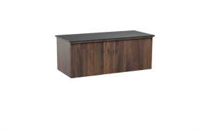 Balmani Forma hängendes Möbelstück Set: 120 x 55 cm, Amerikanischer Nussbaum, mit Stretto Einzel Waschtischplatte, Granit, Schwarzes Granit, Vertikale symmetrische gerade Rippe