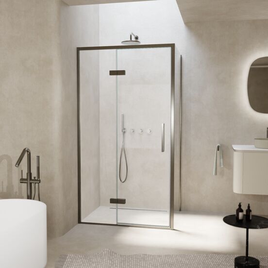 Balmani Senses Design douchehoek met linkse draaideur en vaste zijwand, 100 x 100 cm, Helder glas, Brushed GunMetal profielen