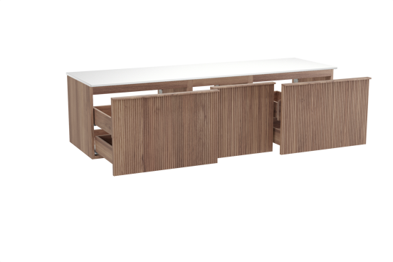Balmani Forma zwevend badkamermeubel 180 x 55 cm teak met Stretto enkel of dubbel tablet in solid surface mat wit, Verticale symmetrische rechte ribbel