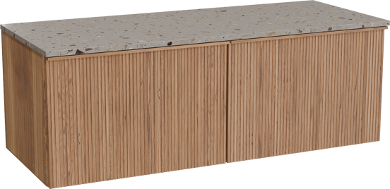 Balmani Forma zwevend badkamermeubel 135 x 55 cm teak met Stretto enkel of dubbel tablet in terrazzo greige terrazzo, Verticale symmetrische rechte ribbel