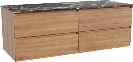 Balmani Mitra hängendes Möbelstück Set: 150 x 55 cm, Teak, mit Stretto Einzel- oder Doppel Waschtischplatte, Marmor Portoro Gold