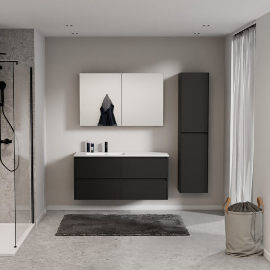 Storke Seda zwevend badkamermeubel 130 x 52 cm mat zwart met Mata asymmetrisch linkse wastafel in solid surface mat wit