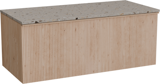 Balmani Forma zwevend badkamermeubel 120 x 55 cm natuur eik met Stretto enkel of dubbel tablet in terrazzo greige terrazzo, Verticale symmetrische rechte ribbel