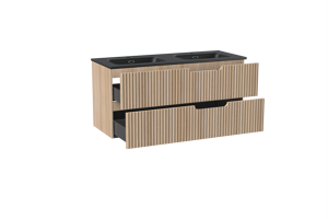 Linie Ribbo meuble salle de bains suspendu 120 x 46 cm chêne clair avec Baro double vasque en porcelaine noir mat, Nervure circulaire symétrique verticale