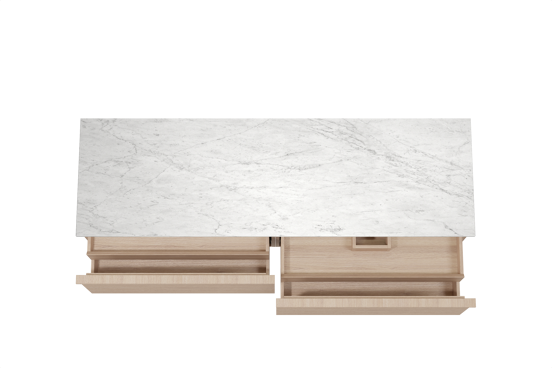 Balmani Forma hängendes Möbelstück Set: 180 x 55 cm, Naturbelassene Eiche, mit Stretto Einzel- oder Doppel Waschtischplatte, Marmor, Carrara, Horizontale symmetrische gerade Rippe