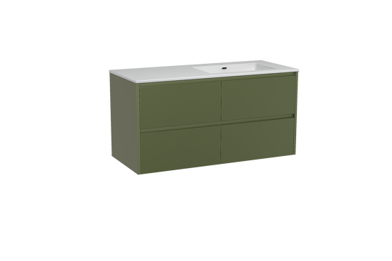 Storke Seda meuble salle de bains suspendu 120 x 52 cm vert olive avec Diva vasque asymétrique droite en marbre composite blanc brillant