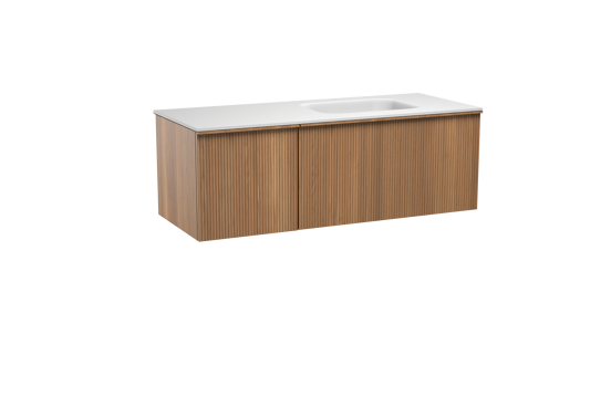 Balmani Forma hängendes Möbelstück Set: 135 x 55 cm, Teak, mit Tablo Arcato Waschtisch rechts, Solid Surface, Weiß matt, Vertikale symmetrische gerade Rippe