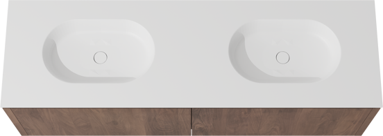 Balmani Eclips zwevend badkamermeubel 180 x 55 cm Amerikaanse notelaar met Tablo Oval dubbele wastafel in Solid Surface mat wit