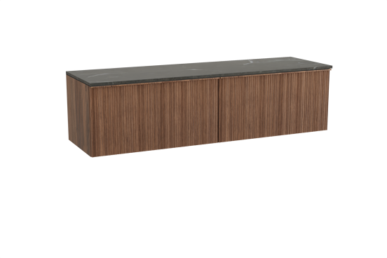 Balmani Forma hängendes Möbelstück Set: 180 x 55 cm, Amerikanischer Nussbaum, mit Stretto Einzel- oder Doppel Waschtischplatte, Marmor, Pietra Grey, Vertikale asymmetrische Runde Rippe