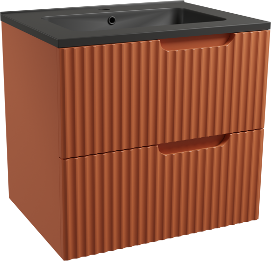 Linie Ribbo zwevend badkamermeubel 60 x 46 cm cotto met Vano enkele wastafel in composietmarmer mat zwart, Verticale symmetrische ronde ribbel