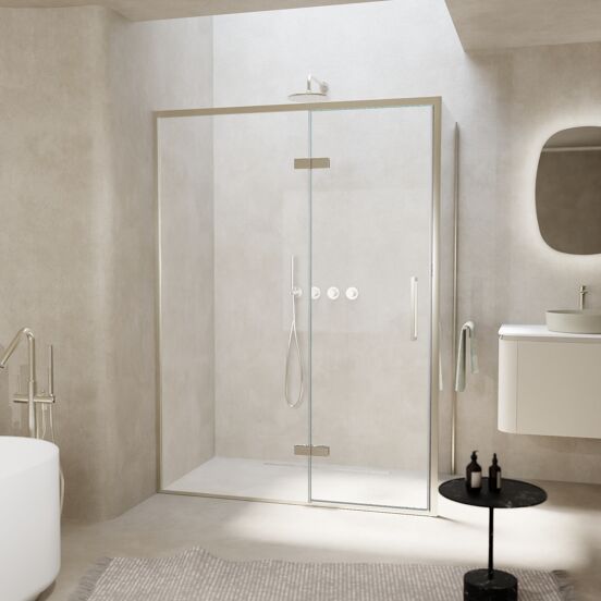 Balmani Senses Design douchehoek met linkse draaideur en vaste zijwand, 140 x 80 cm, Helder glas, Brushed CoolMetal profielen, met coating