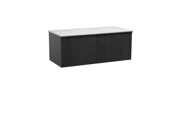 Balmani Forma hängendes Möbelstück Set: 120 x 55 cm, Schwarze Eiche, mit Stretto Einzel- oder Doppel Waschtischplatte, Marmor, Carrara, Vertikale symmetrische gerade Rippe