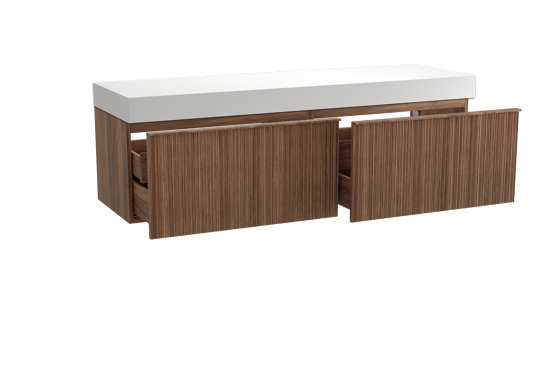 Balmani Forma hängendes Möbelstück Set: 180 x 55 cm, Amerikanischer Nussbaum, mit Dominus Einzel- oder Doppel Waschtischplatte, Solid Surface, Weiß matt, Vertikale asymmetrische Runde Rippe