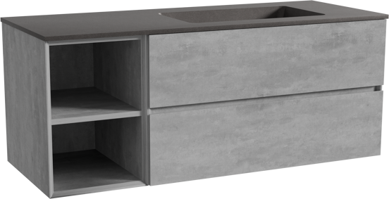 Storke Edge zwevend badmeubel 130 x 52 cm beton donkergrijs met Scuro asymmetrisch rechtse wastafel in kwarts mat zwart