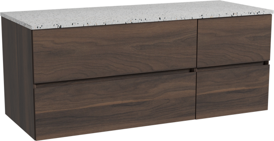 Storke Edge zwevend badmeubel 130 x 52 cm notenhout met Tavola enkel of dubbel wastafelblad in mat wit/zwart terrazzo