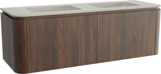 Balmani Moon meuble salle de bains suspendu 160 x 55 cm noyer américain avec Moon double vasque en top solid soie grise