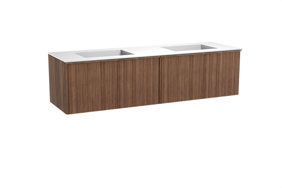 Balmani Forma meuble salle de bains suspendu 180 x 55 cm noyer américain avec Tablo Stretto double vasque en solid surface blanc mat, Nervure circulaire asymétrique verticale