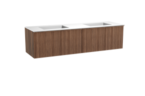 Balmani Forma hängendes Möbelstück Set: 180 x 55 cm, Amerikanischer Nussbaum, mit Tablo Stretto Doppelwaschtisch, Solid Surface, Weiß matt, Vertikale asymmetrische Runde Rippe