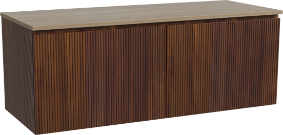 Storke Ribs zwevend badmeubel 130 x 52 cm notenhout met Panton enkel of dubbel wastafelblad in melamine ruw eiken, Verticale symmetrische rechte ribbel