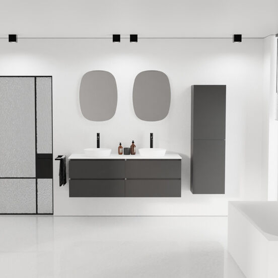 Balmani Mitra meuble salle de bains suspendu 150 x 55 cm noir mat avec Stretto tablette simple ou double en solid surface blanc mat