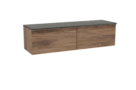 Balmani Forma hängendes Möbelstück Set: 180 x 55 cm, Amerikanischer Nussbaum, mit Stretto Einzel- oder Doppel Waschtischplatte, Marmor, Pietra Grey, Horizontale symmetrische gerade Rippe