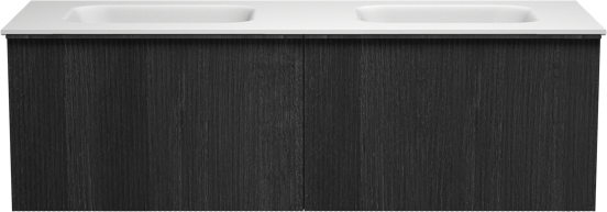 Balmani Forma zwevend badmeubel 150 x 55 cm zwart eiken met Tablo Arcato dubbele wastafel in solid surface mat wit Verticale symmetrische rechte ribbel