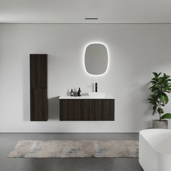 Balmani Sfera meuble salle de bains suspendu 120 x 55 cm eucalyptus avec Stretto tablette simple ou double en solid surface blanc mat