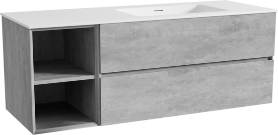 Storke Edge meuble salle de bains suspendu 140 x 52 cm béton gris foncé avec Mata plan vasque asymétrique à droite en solid surface blanc mat