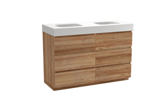 Balmani Lucida meuble salle de bains à poser 135 x 55 cm teck avec Arcato double vasque en solid surface blanc mat