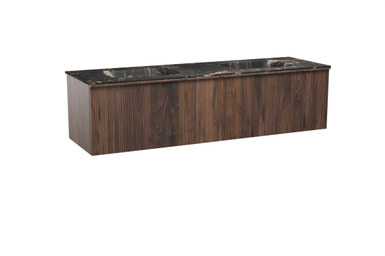 Balmani Forma zwevend badkamermeubel 180 x 55 cm amerikaanse notelaar met Tablo Arcato dubbele wastafel in marmer portoro gold, Verticale symmetrische rechte ribbel