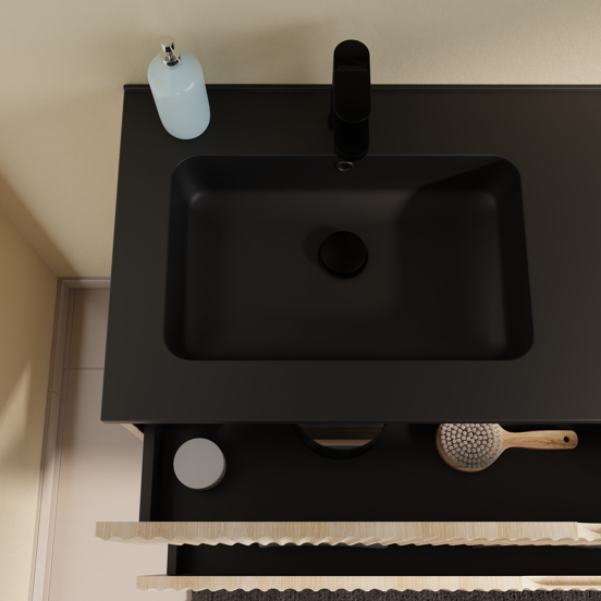 Linie Ribbo meuble salle de bains suspendu 100 x 46 cm chêne clair avec Vano plan simple en marbre composite noir mat, Nervure circulaire symétrique verticale