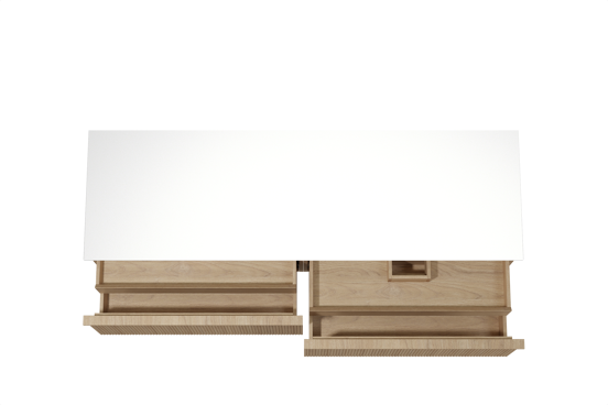 Balmani Forma hängendes Möbelstück Set: 180 x 55 cm, Naturbelassene Eiche, mit Stretto Einzel- oder Doppel Waschtischplatte, Solid Surface, Weiß matt, Vertikale symmetrische gerade Rippe