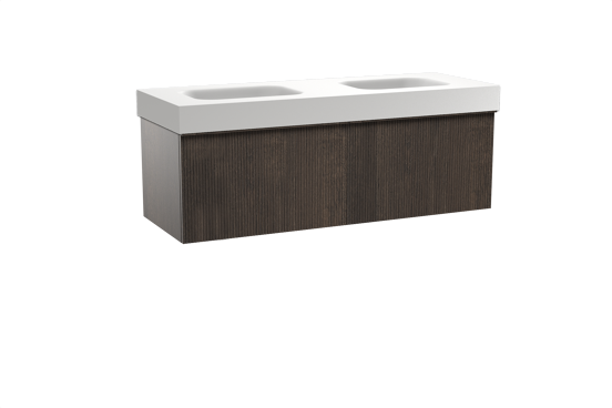 Balmani Forma zwevend badkamermeubel 150 x 55 cm gerookte eik met Arcato dubbele wastafel in solid surface mat wit, Verticale symmetrische rechte ribbel
