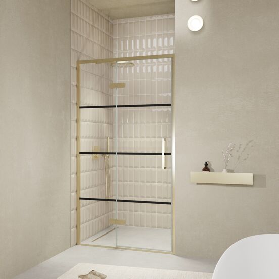 Balmani Senses Design douche draaideur links 120 cm x 210 cm Lined glas, Brushed Champagne Gold profielen, met coating