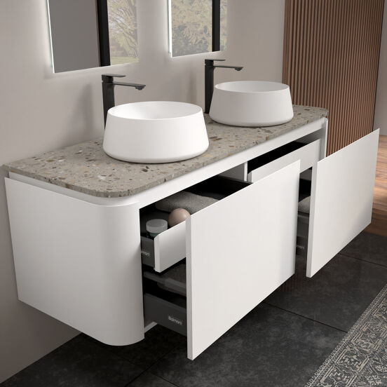 Balmani Moon meuble salle de bains suspendu 160 x 55 cm blanc mat avec Moon tablette simple ou double en terrazzo greige terrazzo