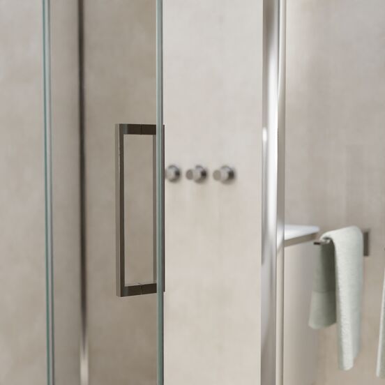 Balmani Senses Design douchehoek met linkse draaideur en vaste zijwand, 140 x 100 cm, Helder glas, Chroom profielen, met coating