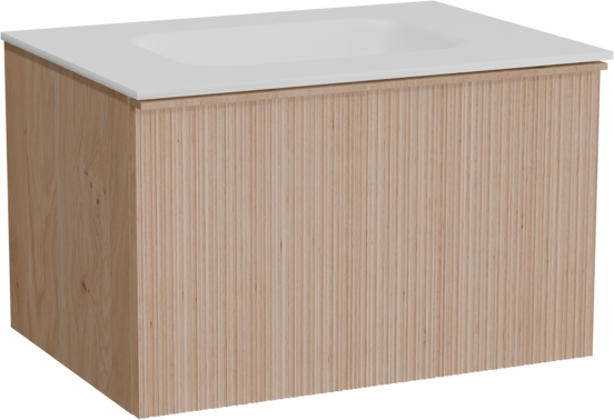Balmani Forma zwevend badkamermeubel 75 x 55 cm natuur eik met Tablo Arcato enkele wastafel in solid surface mat wit, Verticale asymmetrische ronde ribbel