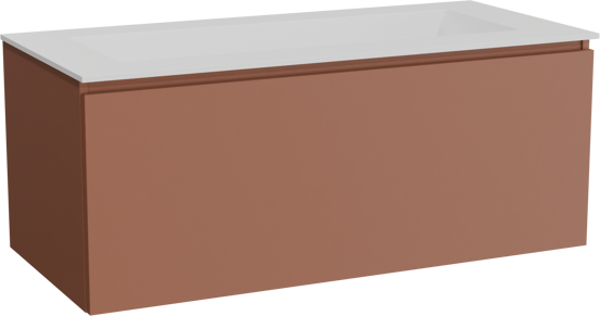 Balmani Sfera zwevend badkamermeubel 120 x 55 cm cotto met Tablo Stretto enkele wastafel voor 2 kraangaten in solid surface mat wit