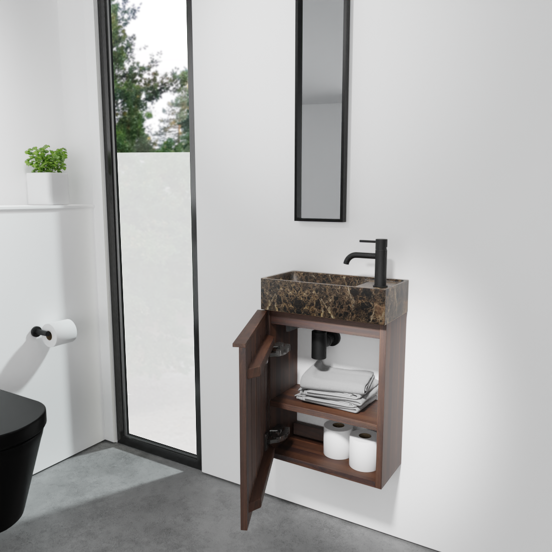 Balmani Forma hängendes Badmöbel Set (Gäste WC): 42 x 21 cm, amerikanischer Nussbaum, Dama Waschtisch, Dark Emperador Marmor