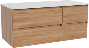 Balmani Mitra hängendes Möbelstück Set: 120 x 55 cm, Teak, mit Stretto Einzel- oder Doppel Waschtischplatte, Solid Surface Weiß matt