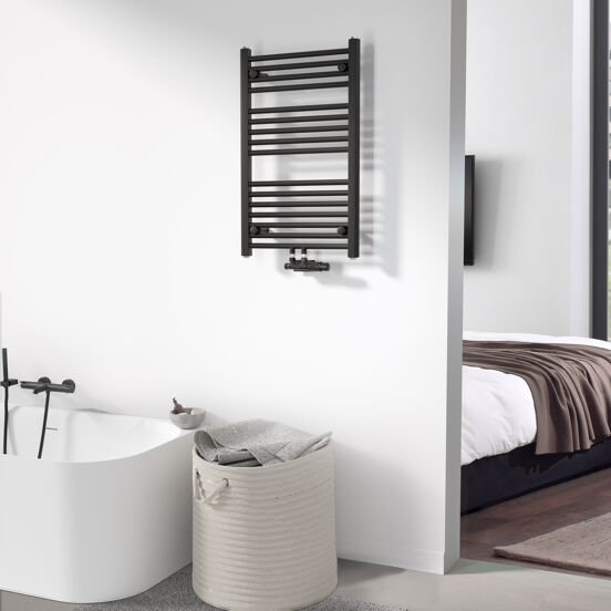 Vipera Kanza enkele handdoekradiator 50 x 80 cm centrale verwarming mat zwart Zij- en middenaansluiting 342W